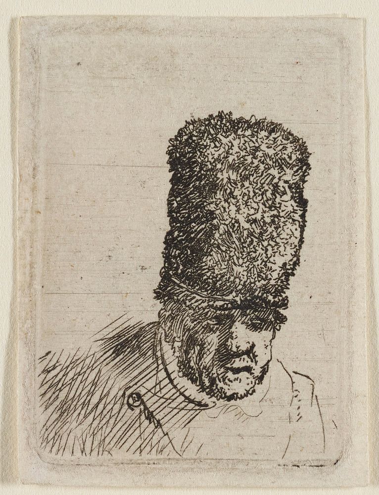 Rembrandt van Rijn's bust of a male figure, leaning slightly forward, with a large nose and heavily shaded brow; tall, furry…