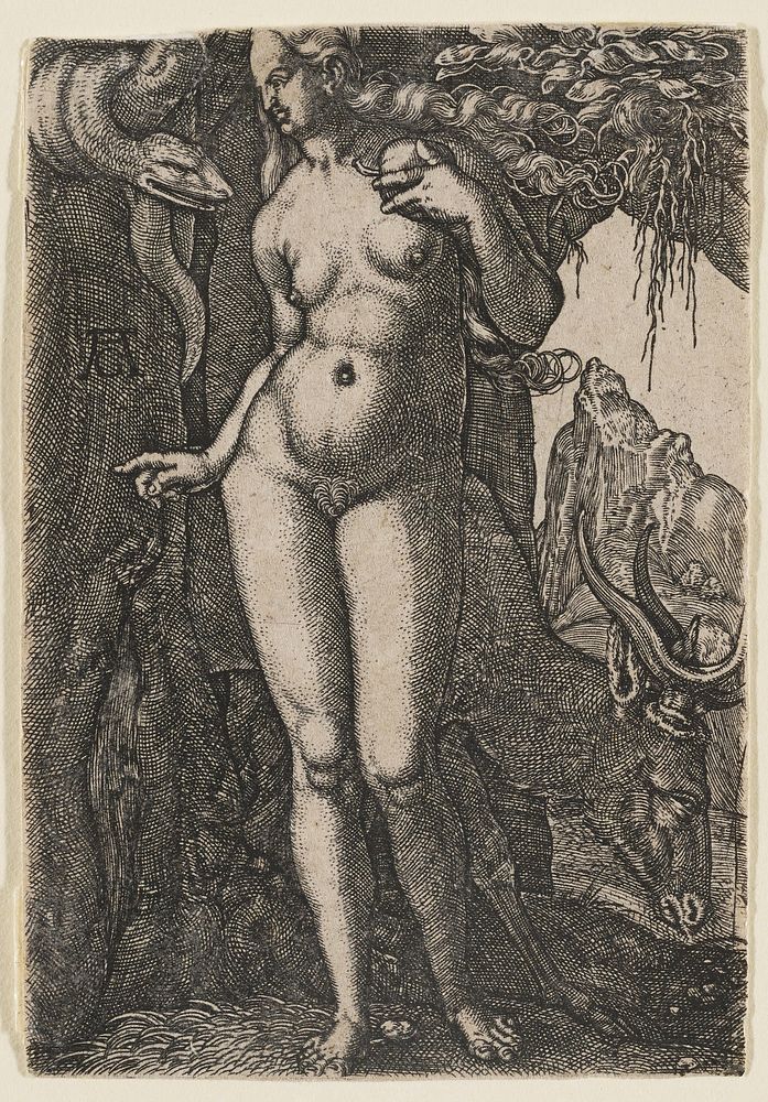 nude Eve holding a piece of fruit near PL shoulder; looking toward a snake in ULC; grazing stag in back. Original from the…