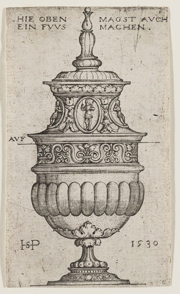 large covered drinking cup with knights in small cartouches around top; leaf design at center; oval medallions lining widest…