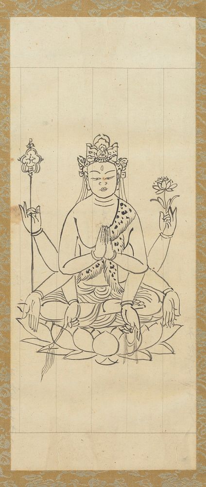 framed: figure seated cross-legged on lotus blossom, with four sets arms; two of the hands are praying in front of chest;…