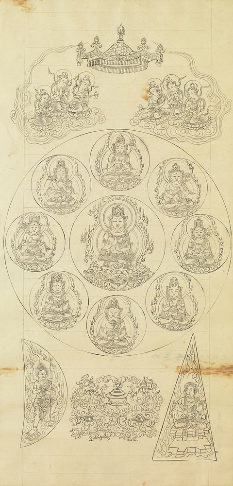 framed: encircled Buddha seated with double flaming halo at C, surrounded by eight similar encircled figures, each with a…