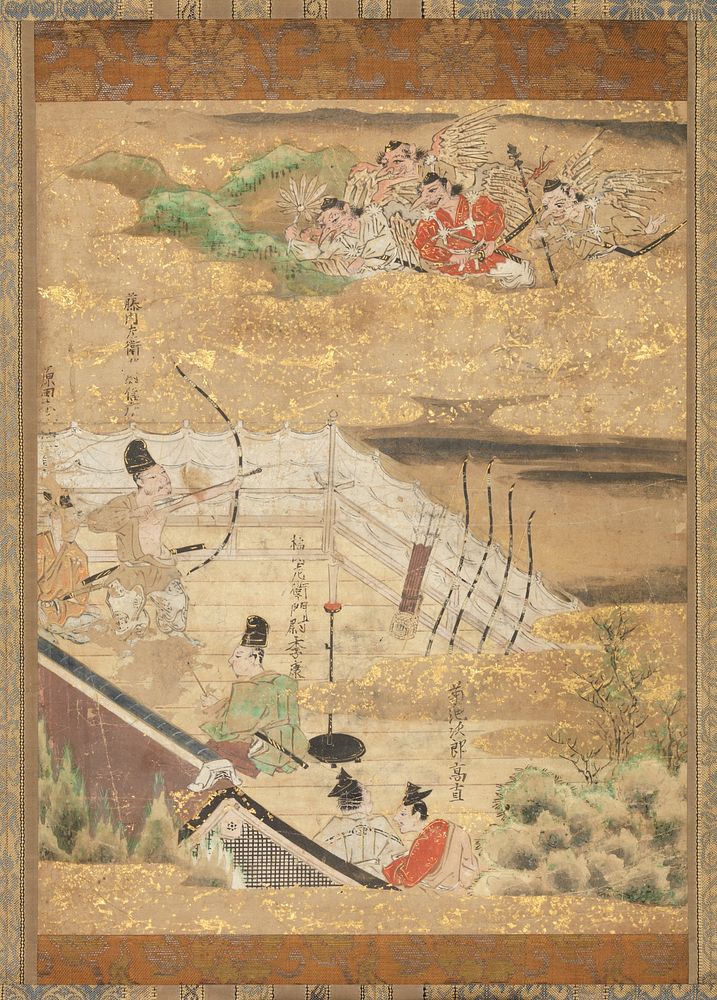 Male figures on a white-curtained balcony; one man is standing, aiming a longbow toward a cloud carrying grotesque figures…