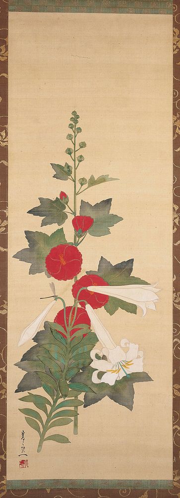 Red hollyhock at center, with several buds at top; white lily with two buds and one full blossom lower portion of scroll in…
