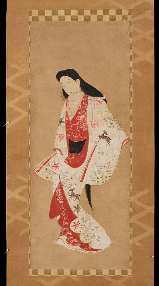 Unsigned; female figure with long, flowing hair; white outer kimono with autumn motifs of deer, chrysanthemums, pampas…