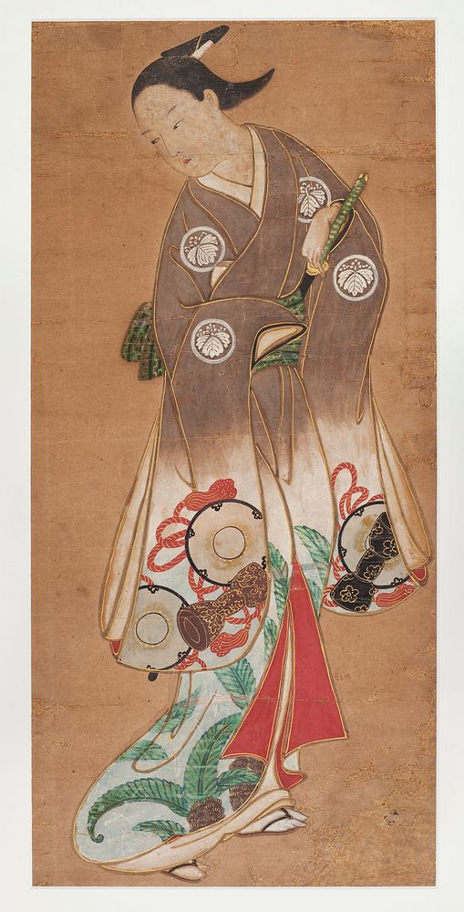 Male figure standing in three quarter pose with PL hang reaching for sword in belt; looking over PR shoulder; long robes…