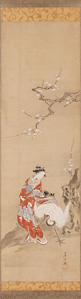 Woman in richly decorated red kimono loosely embracing a large white crane with her PL arm; vertical rock with blossoms at…