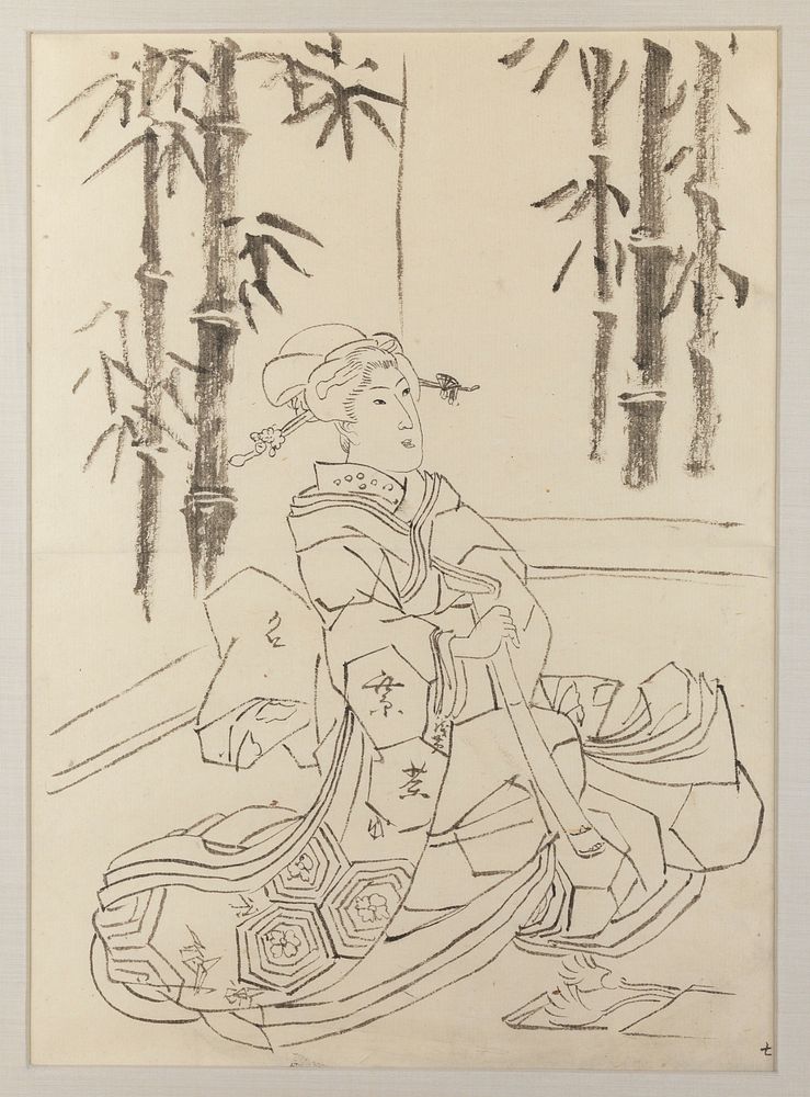 framed: preparatory drawing of a woman sitting on the ground wrapped in large robe, holding long object in hands; open…