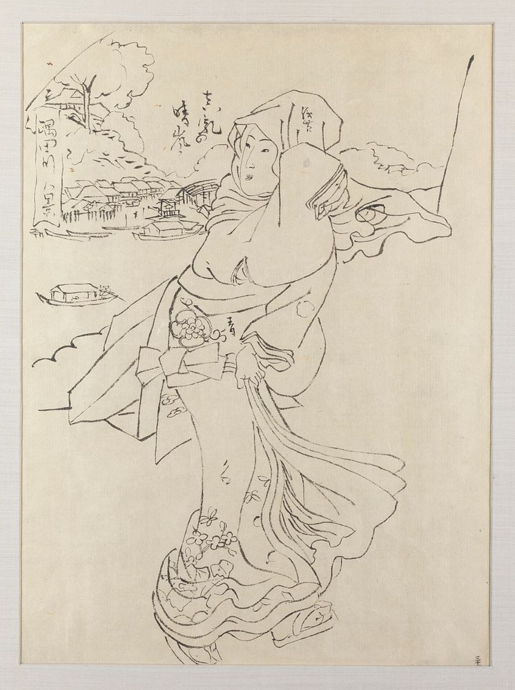 framed: outline preparatory drawing of a woman clutching kimono skirts against wind; woman is walking with body in slight…