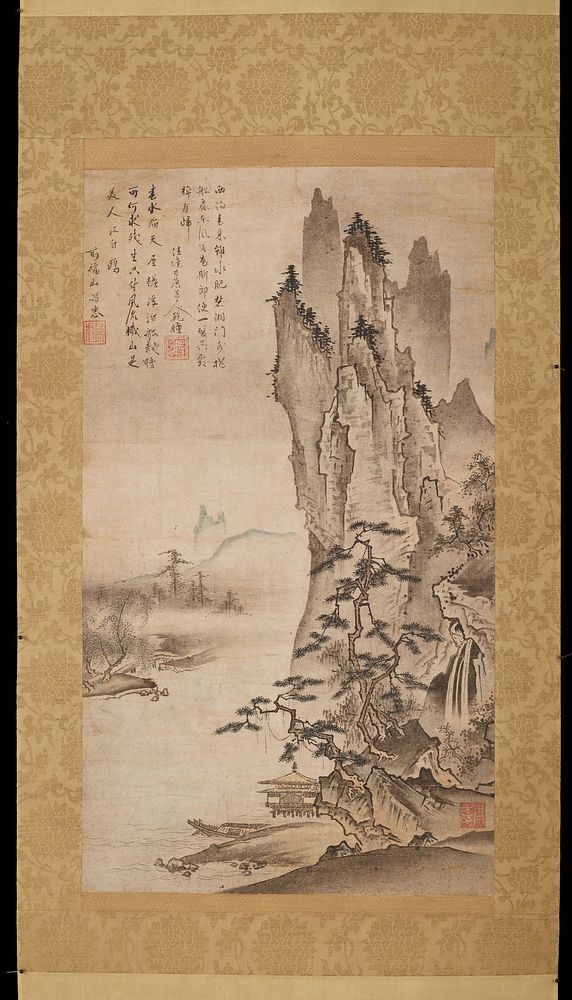 Jagged, towering rock formations at R with waterfall and gnarled pine trees; small pavilion on shore at lower center with…