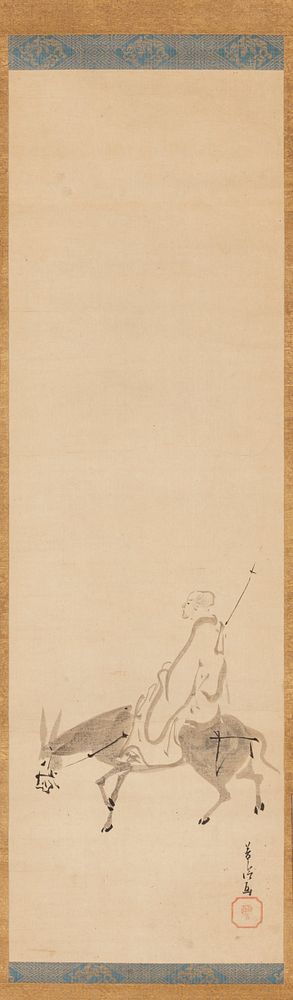 monk in white robe riding a donkey towards L. Original from the Minneapolis Institute of Art.