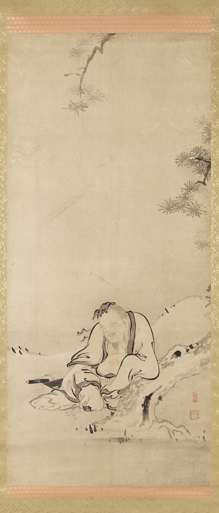 male figure in white robes seated, leaning PL arm on bent tree trunk, with eyes closed, peaceful look on face; scroll, book…