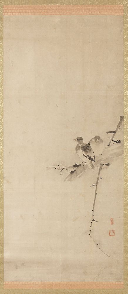 two small doves perched on a portion of a branch at R; downward pointing branch below, with small buds. Original from the…