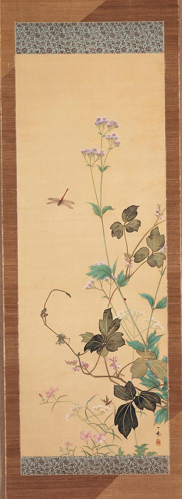 Cluster of morning glories, with vines, small pink flowers, and grasses; a few insects perched on grasses. Original from the…