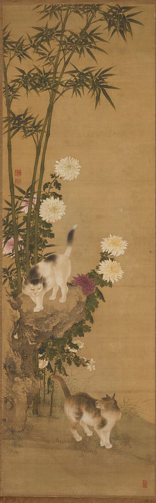 Cat on ground looking up to cat on rock above at L, amid bamboo; purple and white chrysanthemums. Original from the…