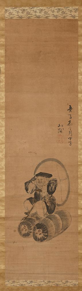 rotund figure seated straddling two large rice barrels; carries a large sack over shoulder; black robes; huge earlobes.…