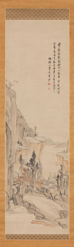 Landscape with tall rock faces at L and R sides; building on flat cliff near C trees on lower rocky outcropping; view of bay…