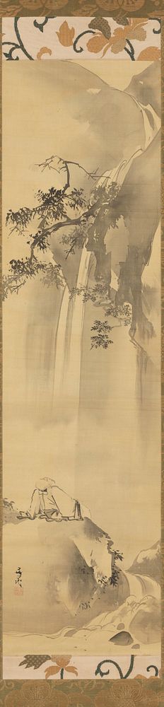 Bald figure in white robes reclining on a black rock near rapids looking up, admiring a waterfall and tree branches.…