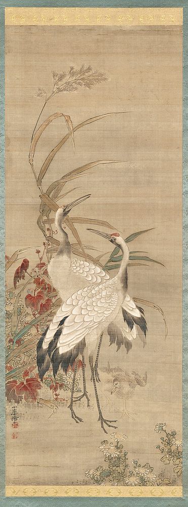 Two white cranes standing in front of a clump of colorful foliage, including red leaves, white mums, and tall, brown reeds;…