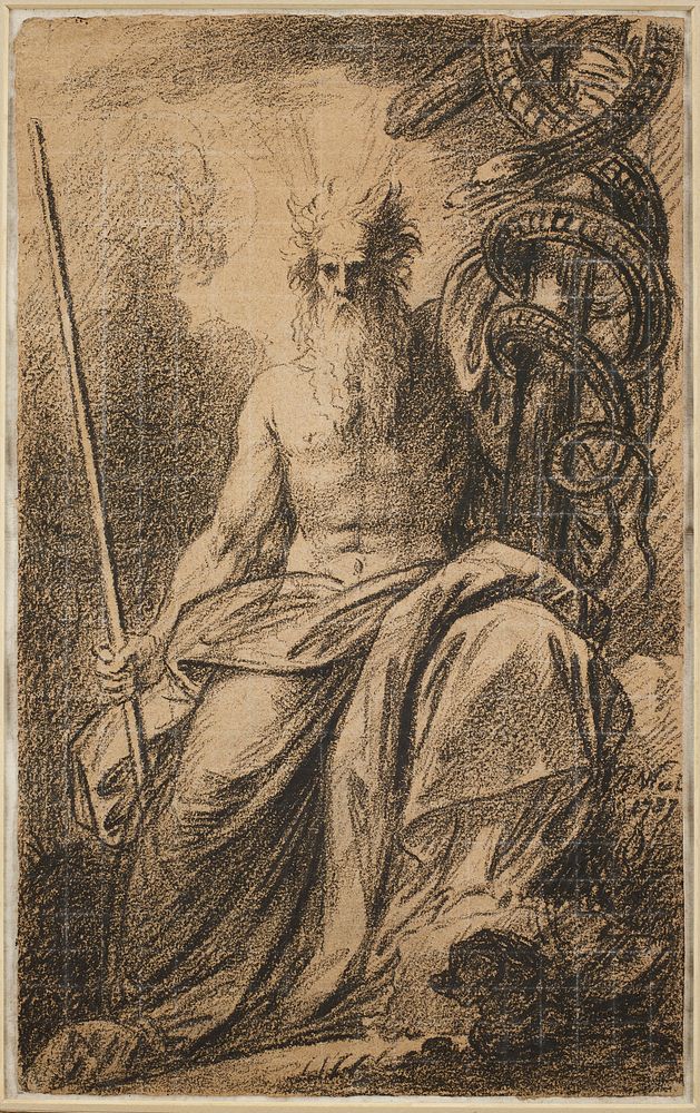 seated bare-chested man with a long white beard and wild hair, with a large drapery over his lap, holding a thick pole with…
