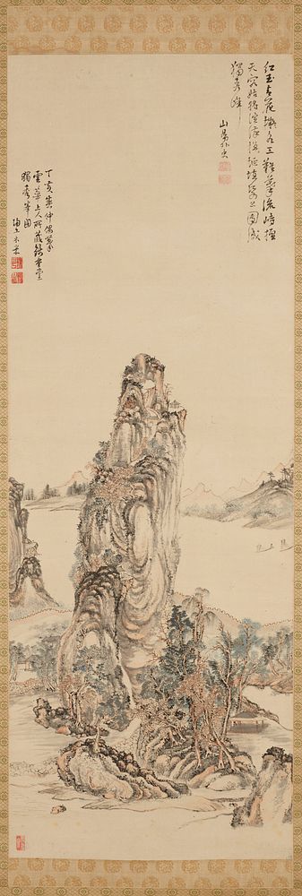 Walled, mountain community surrounded by a body of water upon which two, small boats sail; dwellings pepper the mountainside…