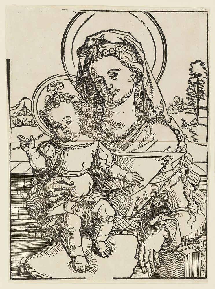 the Virgin Mary, seated, holds the standing Christ child on her lap, with her right hand steadying the child and her left…
