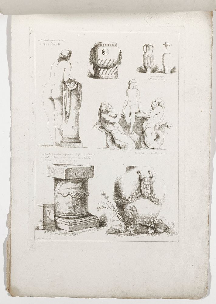 six images (clockwise from top left): back of a nude leaning on a drapery-covered short column, drum-like vessel with a…