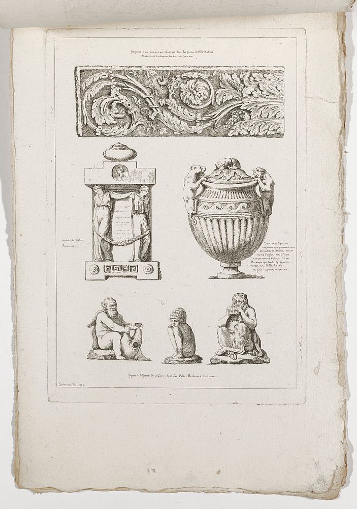 six images (clockwise from top): frieze with scrolls and foliage, covered vessel with pair of panther handles, seated satyr…
