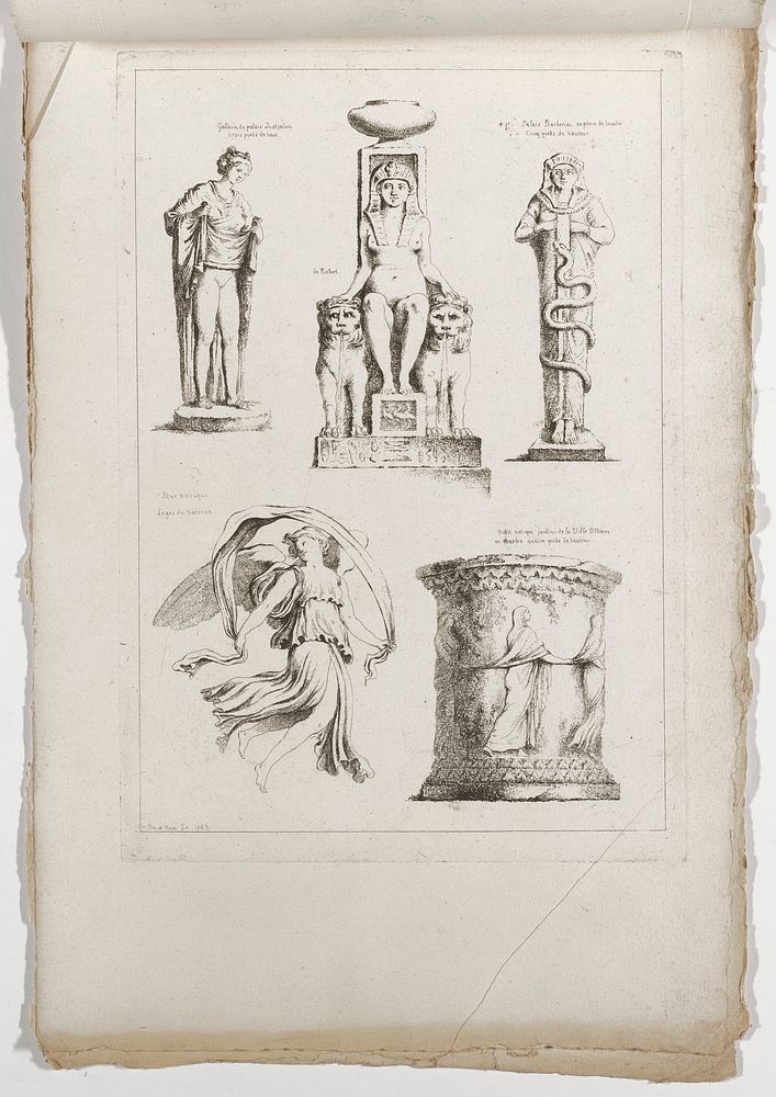 five images (clockwise from top right): standing Egyptian figure with a snake wrapped around body, drum-shaped column with…
