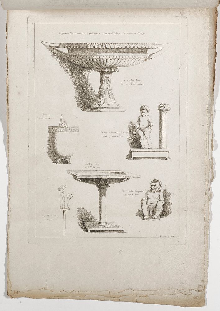 six images (clockwise from top): footed wide cup with fluted decorations and pointed handles, standing putto with a garland…