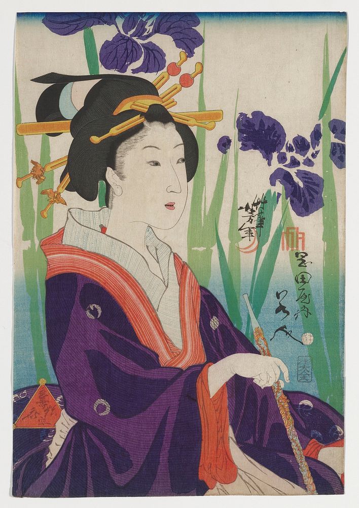 Portrait of a woman holding a turquoise pipe with raised gold carvings in her PR hand; woman wears purple kimono with white…