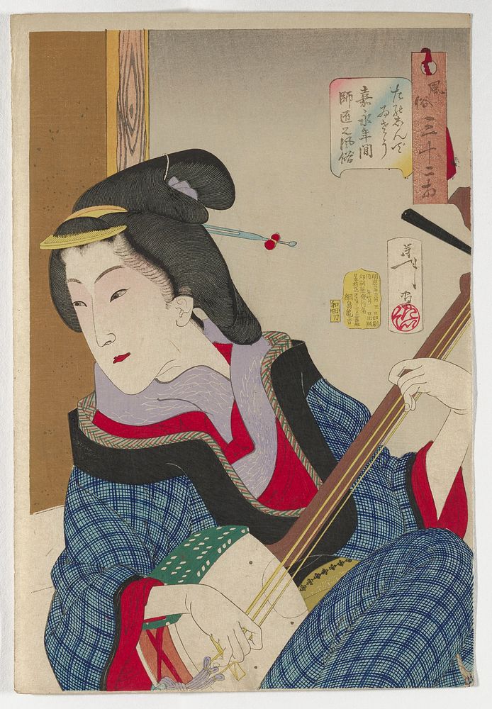 Woman looking over her PR shoulder, playing a shamisen; woman wears a blue checked kimono with black trim and red…
