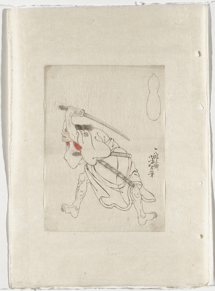 drawing in black ink with touches of red and salmon pink on thin paper, mounted onto off white backing sheet; man with bare…
