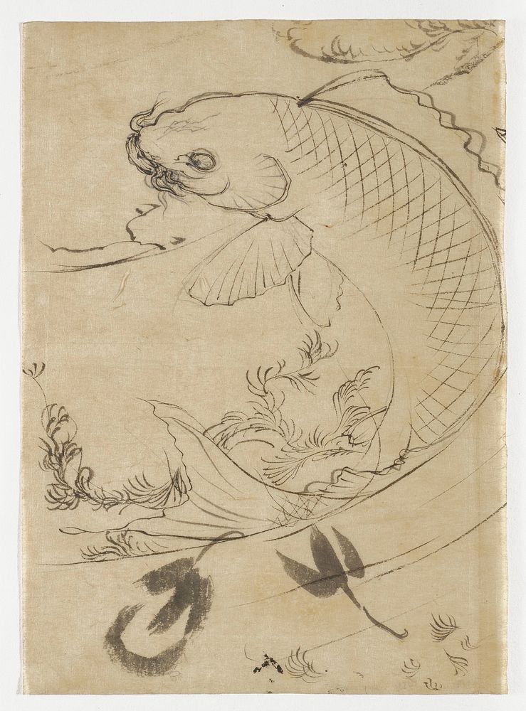 Jumping fish, in a backwards C shape; sea foliage above and behind tail and at top right edge; a few broad brushstrokes at…