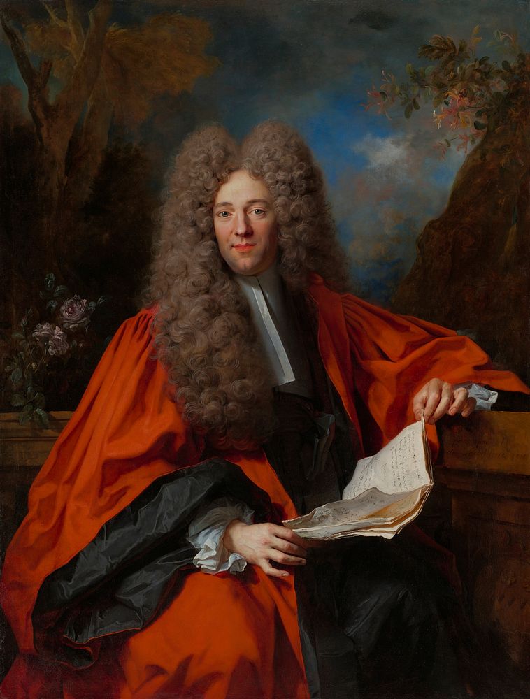 portrait of a man wearing a long, curly grey wig with a prominent center part; man wear a red robe over a black robe with a…