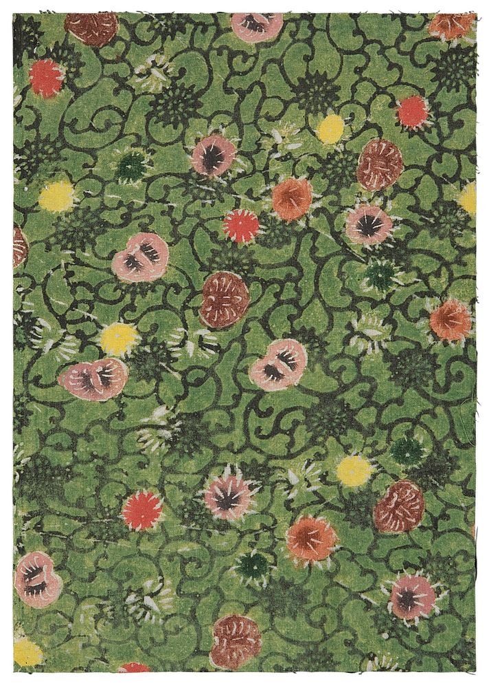 Rectangular fragment of green fabric with dark vine pattern and pink, yellow, and red blossoms scattered throughout.…