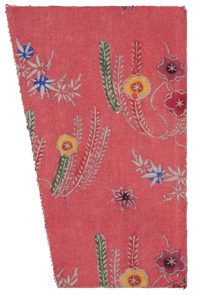trapezoid-shaped fragment of pink fabric with floral pattern; gray flowers and stems with blue, yellow, red, and green…