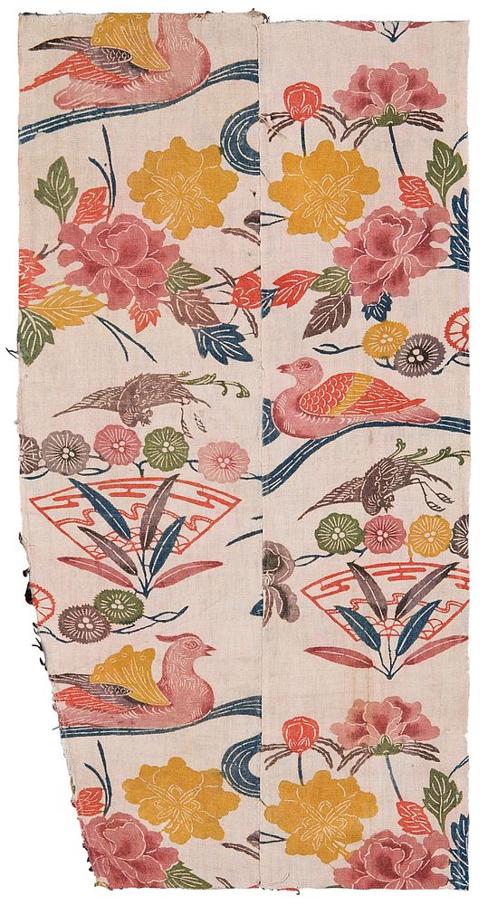 Two panels of almost rectangular-shaped fragment of pink fabric with floral and bird imagery; pink, red, and purple birds…