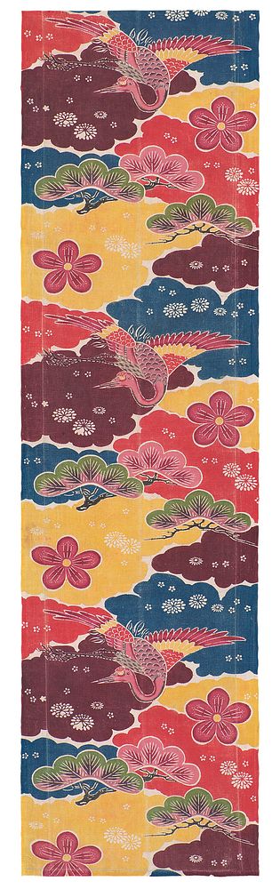 Rectangular fragment of multicolored fabric with crane and floral design; design consists of pink cranes with red and yellow…