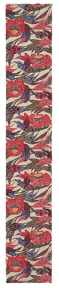 Rectangular fragment of floral patterned fabric; red and purple flowers with green, blue, black and yellow leaves and vines;…