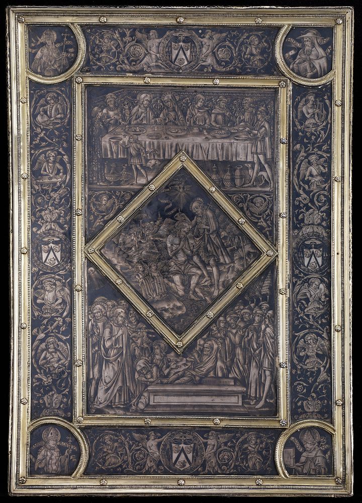 in silver frame; central section the Marriage at Cana; below the Raising of Lazarus; the lozenge the Baptism of Christ; the…