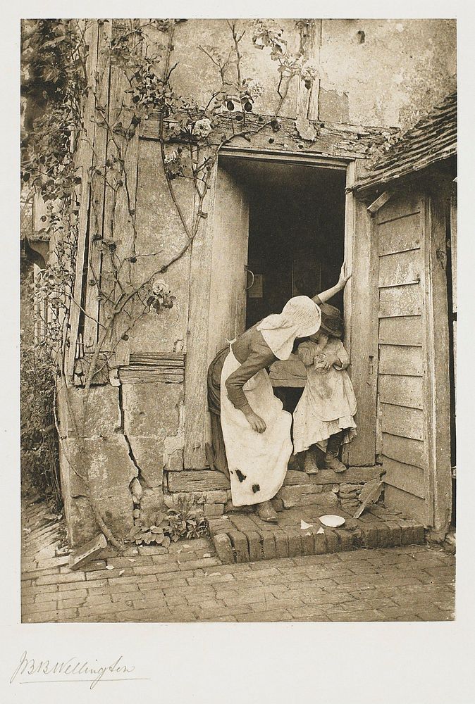 crying child standing in doorway with woman in bonnet and apron on child's PR; broken saucer on step on front of figures;…