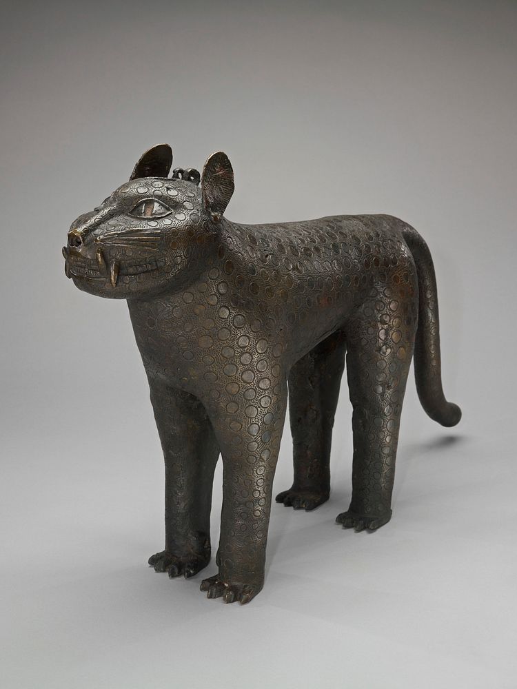 Leopard Aquamanile, Bronze, Benin Culture, Africa, XVIIc; covered with incised spots and smnall punch marks. Rare example..…