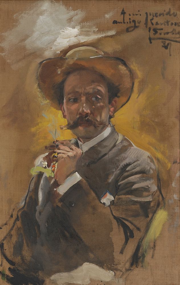sketchy 3/4 length portrait of a man wearing a grey jacket and a tan hat with a brown handlebar moustache, looking toward…