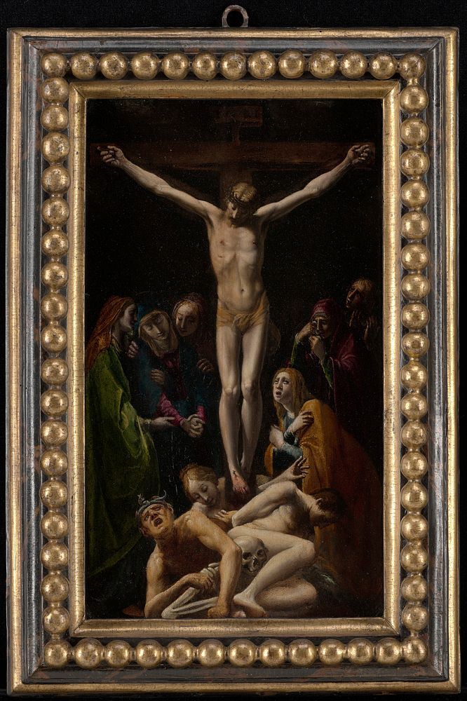 vertical composition with Christ on cross wearing a tan loincloth and crown of thorns with six weeping women in jewel-tone…