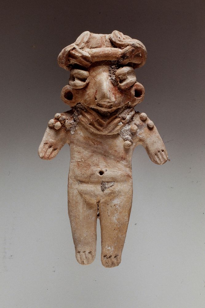 Standing female figure, buyrnished buff clay, traces of red pigment. Arms at sides, scarification on shoulders, West Mexican…