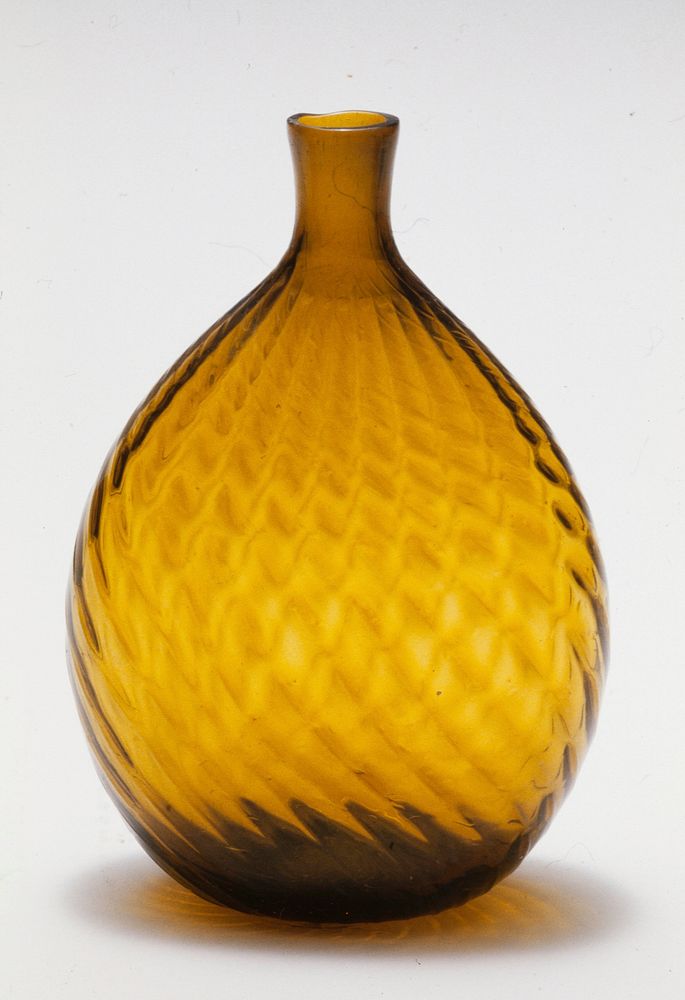 Chestnut flask, 24 ribs broken swirl, pint, brilliant golden amber; attributed to Zanesville; bottle and dishes from Ohio…