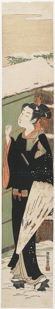 Young Man Knocking on a Gate in Snow as a Mitate of the Kabuki Play Women's Version of "Potted Tree". Original from the…