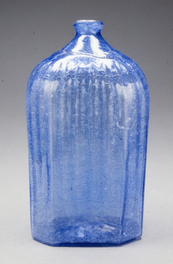 octagonal ribbed bottle, pale blue crackle glass with short applied neck and rim. Original from the Minneapolis Institute of…