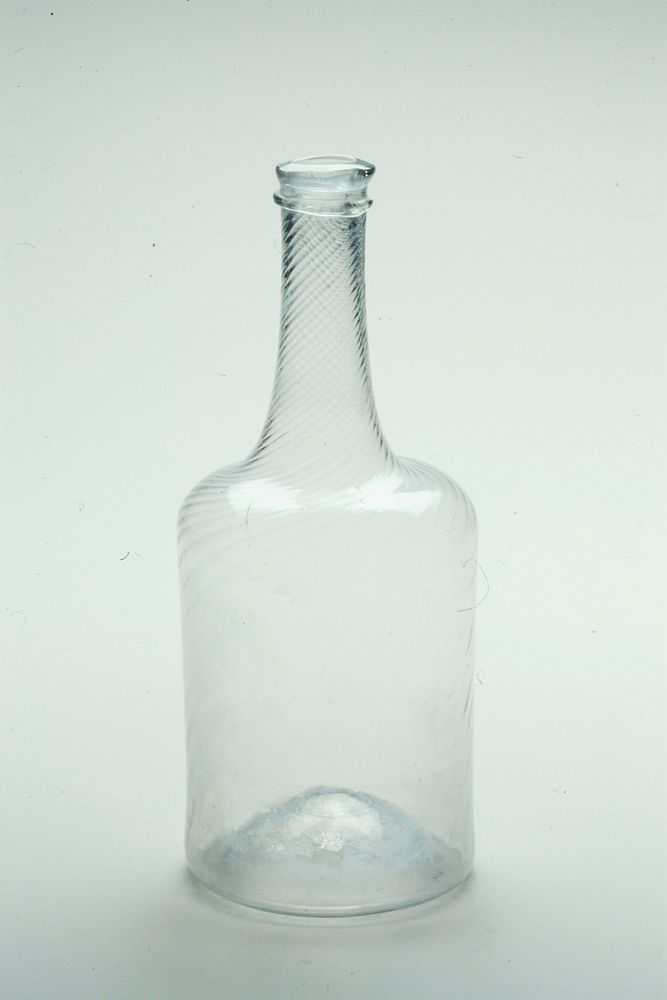 long neck with single applied band; clear glass in spiral pattern; concave base. Original from the Minneapolis Institute of…