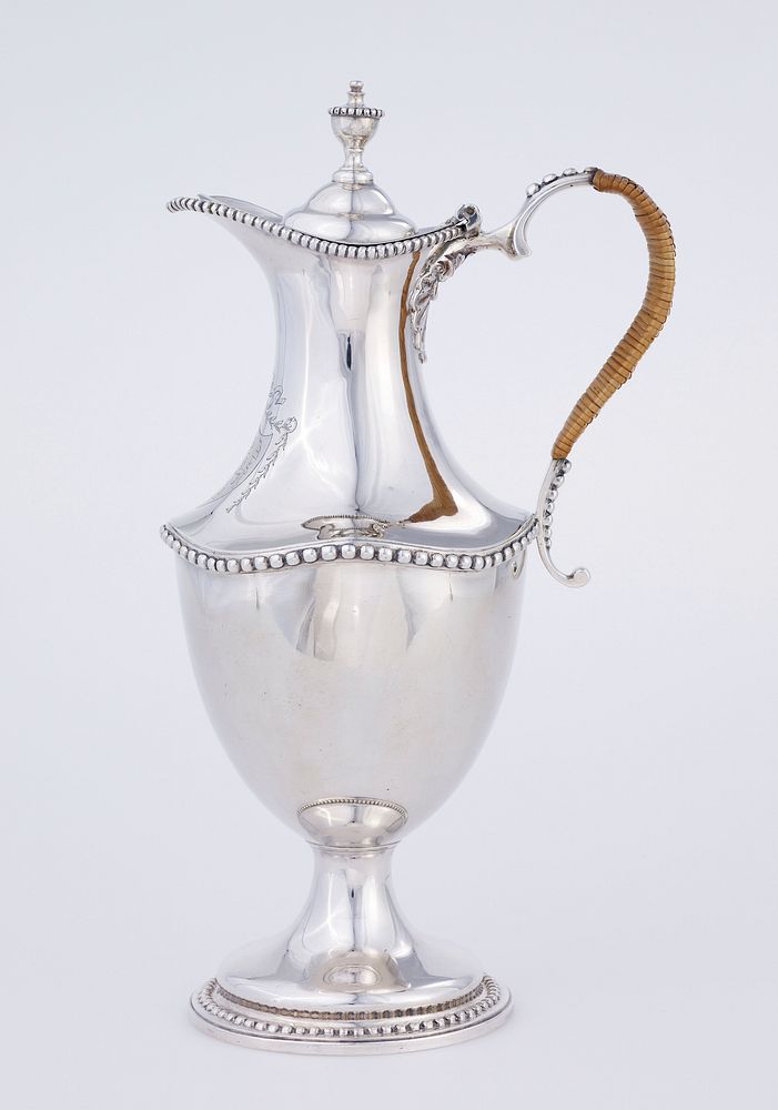 covered jug, silver, English, XVIIIc; George III vase-shaped hot water jug with beaded borders and contemporary armorials.…